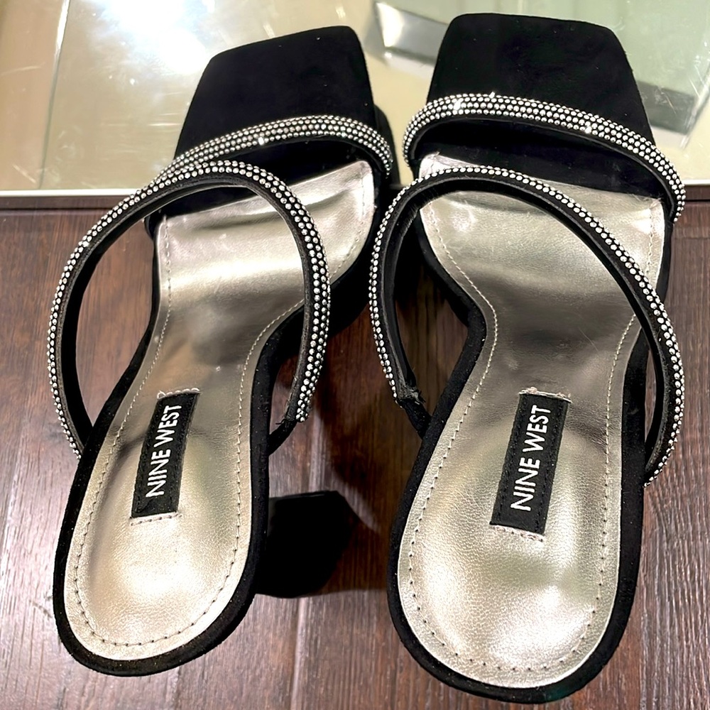 NIB NINE WEST rhinestone strap black platform open toe sandals cocktail heel 7 - Picture 14 of 14